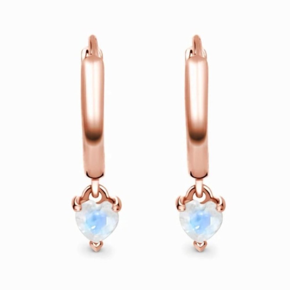 Fine 925 Sterling Silver Heart Shaped Moonstone Dangle Hoop Dipped in Fine Rose